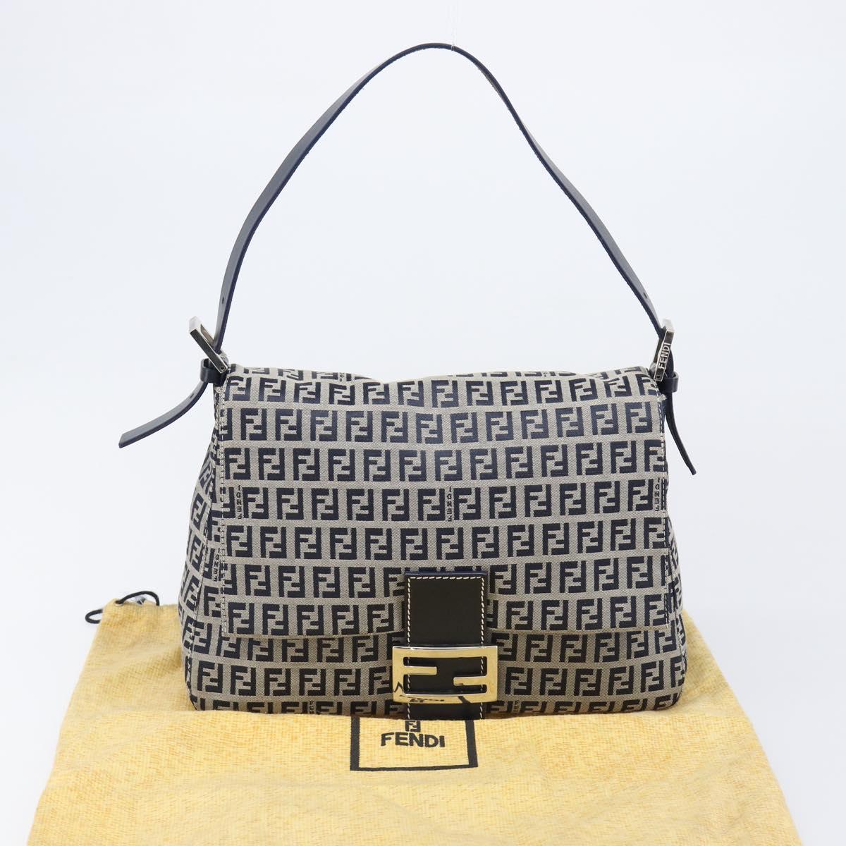 FENDI Zucchino Canvas Mamma Baguette Shoulder Bag Navy Silver Auth 200709V