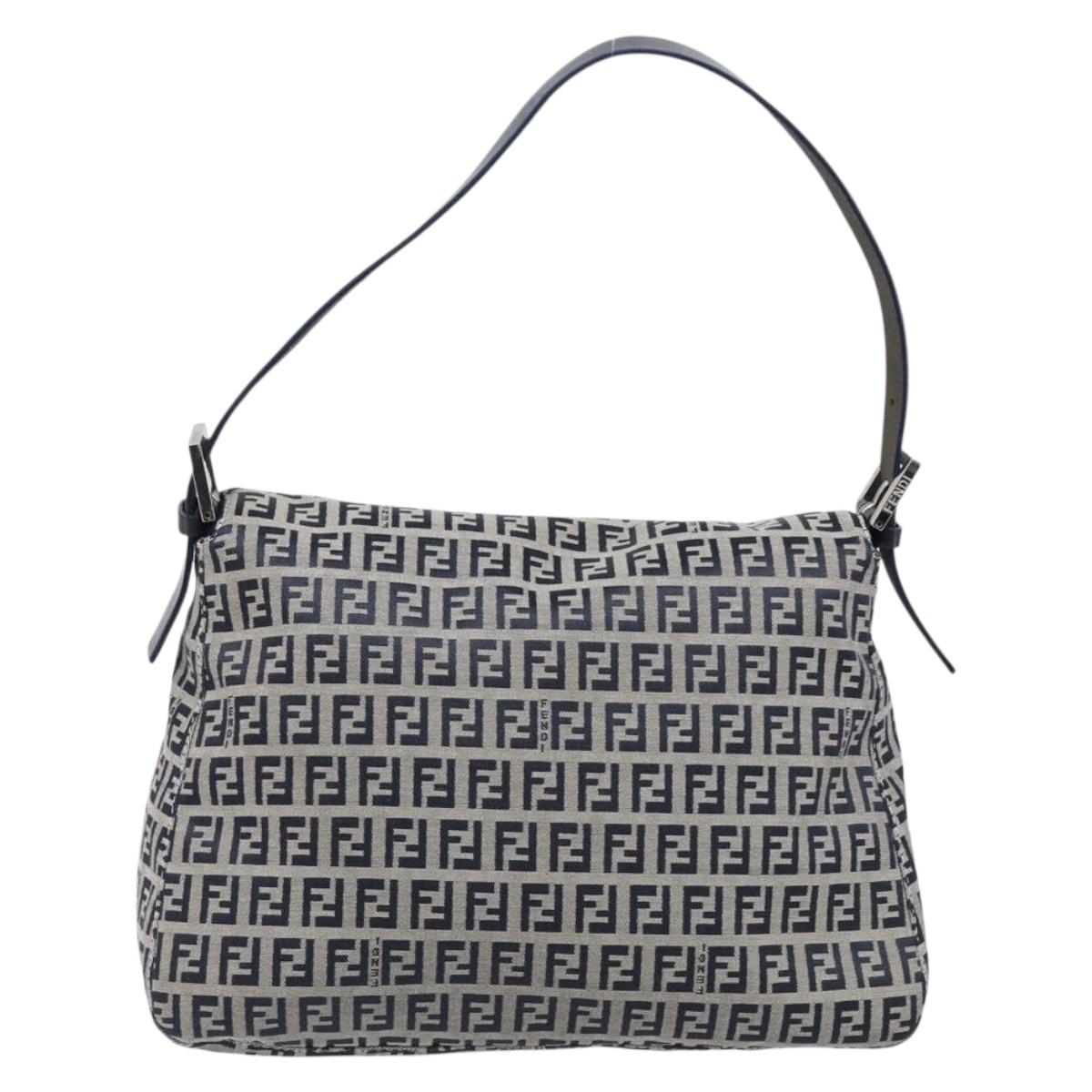 FENDI Zucchino Canvas Mamma Baguette Shoulder Bag Navy Silver Auth 200709V