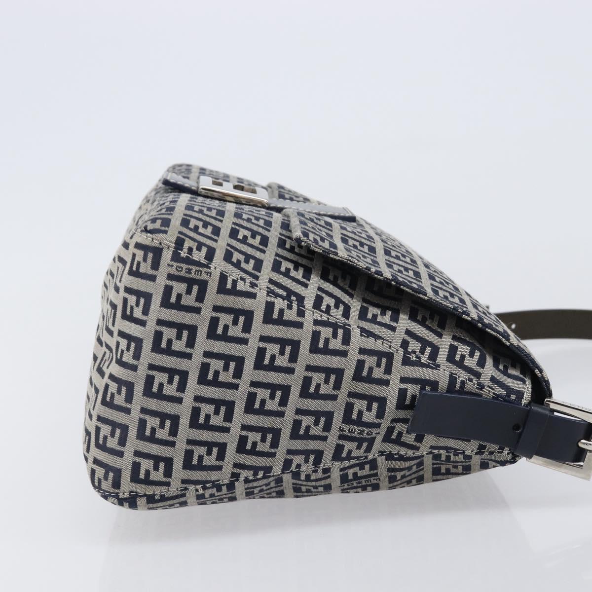 FENDI Zucchino Canvas Mamma Baguette Shoulder Bag Navy Silver Auth 200709V