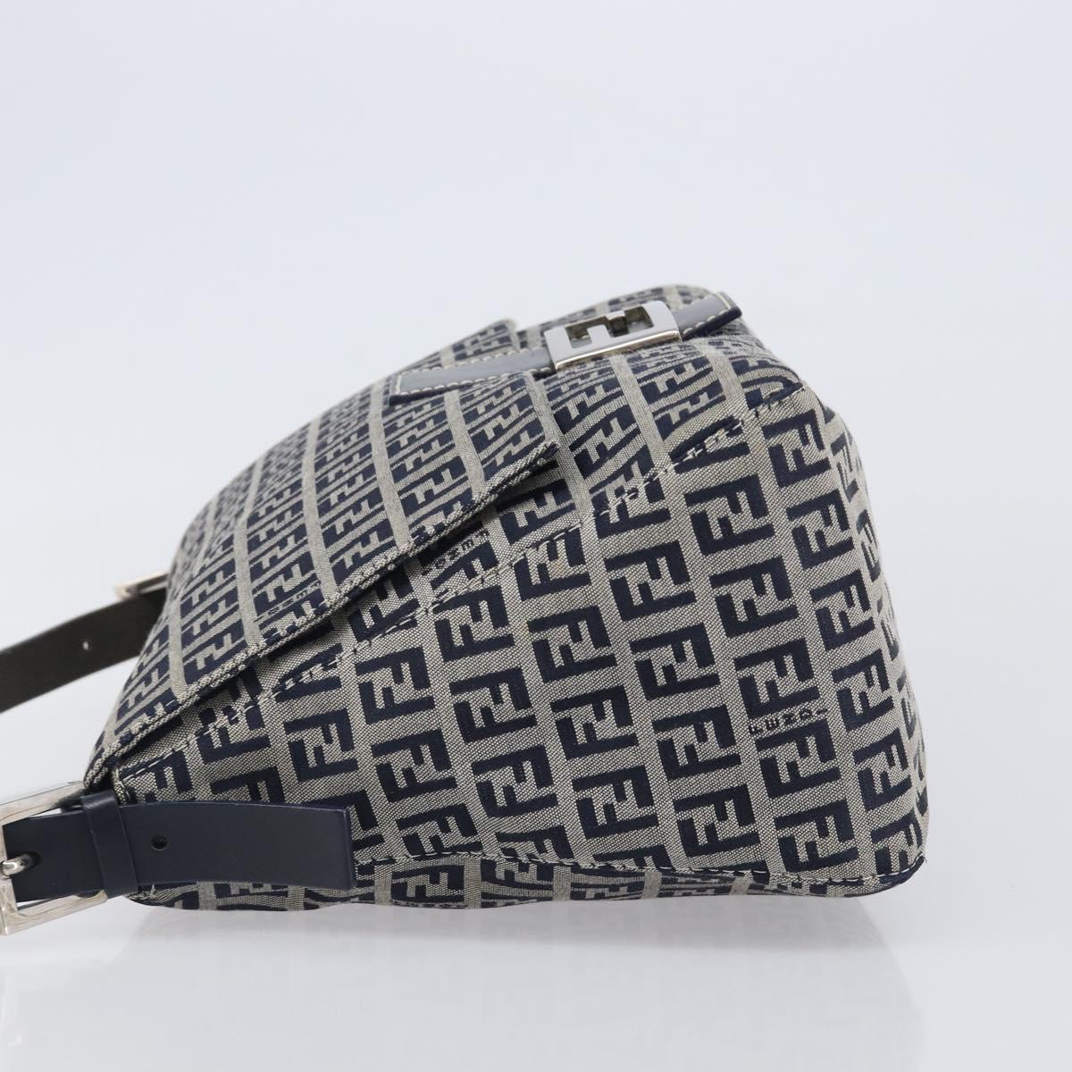FENDI Zucchino Canvas Mamma Baguette Shoulder Bag Navy Silver Auth 200709V
