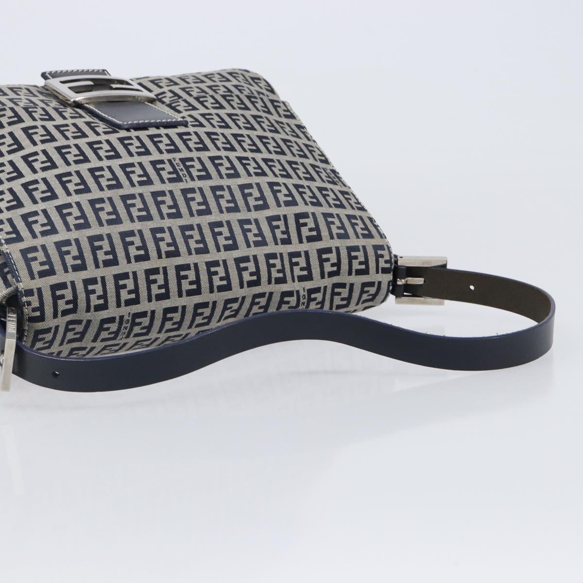 FENDI Zucchino Canvas Mamma Baguette Shoulder Bag Navy Silver Auth 200709V