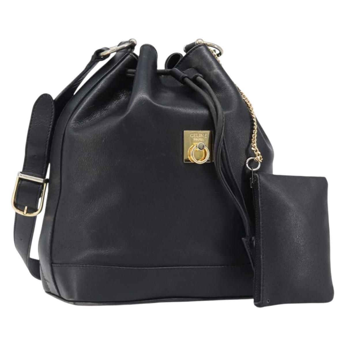 CELINE Purse Shoulder Bag Leather Black Gold Auth 200718A