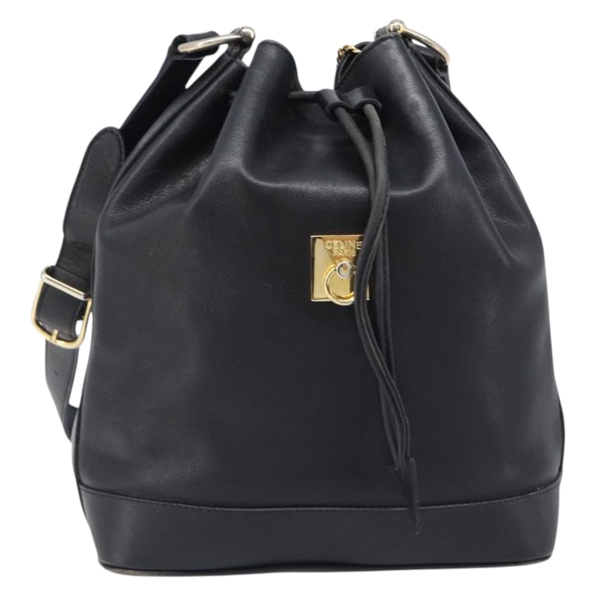 CELINE Purse Shoulder Bag Leather Black Gold Auth 200718A