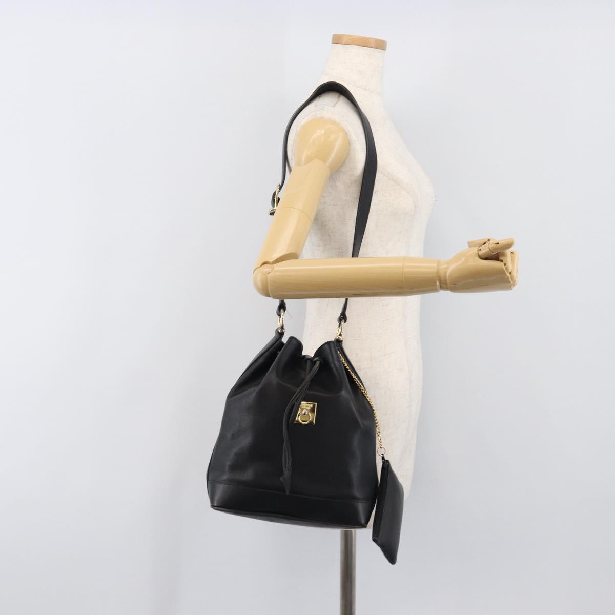 CELINE Purse Shoulder Bag Leather Black Gold Auth 200718A