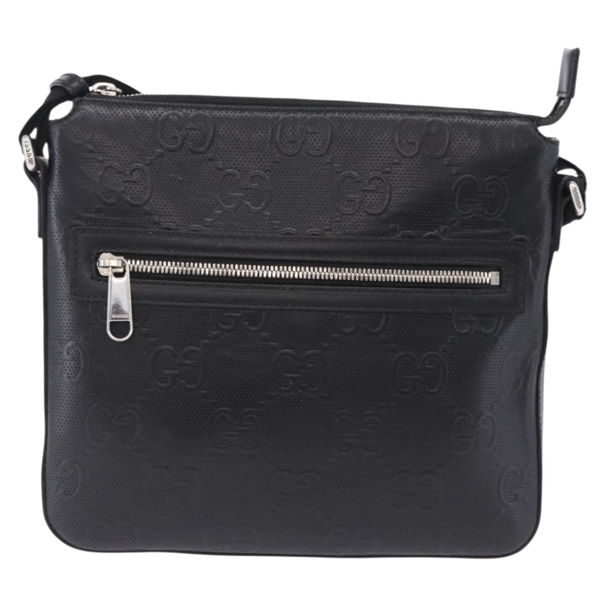 GUCCI GG Emboss Shoulder Bag Leather Black Silver 406410 Auth 200726
