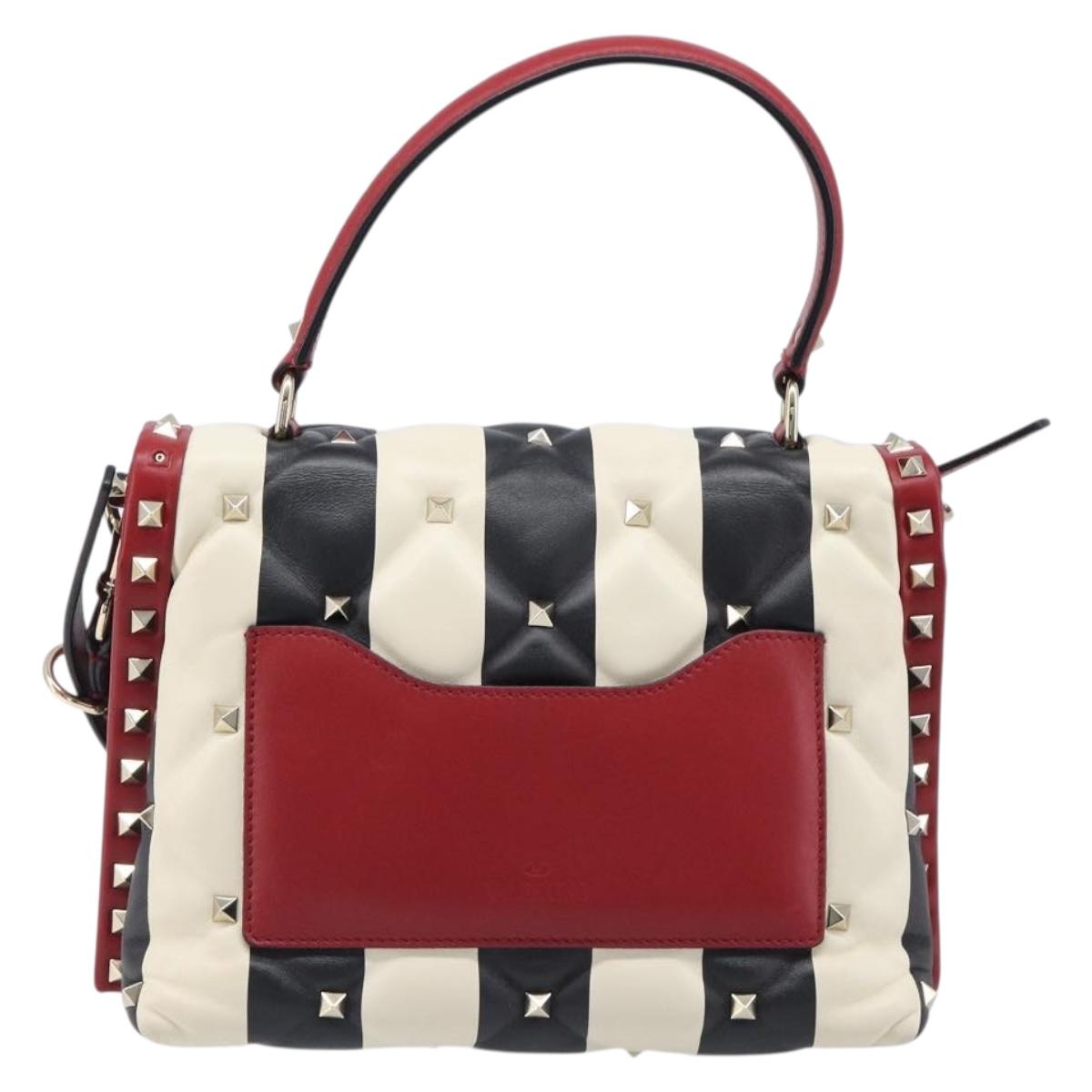 VALENTINO Rock Studs Hand Bag Leather 2way Red Gold Auth 200731V