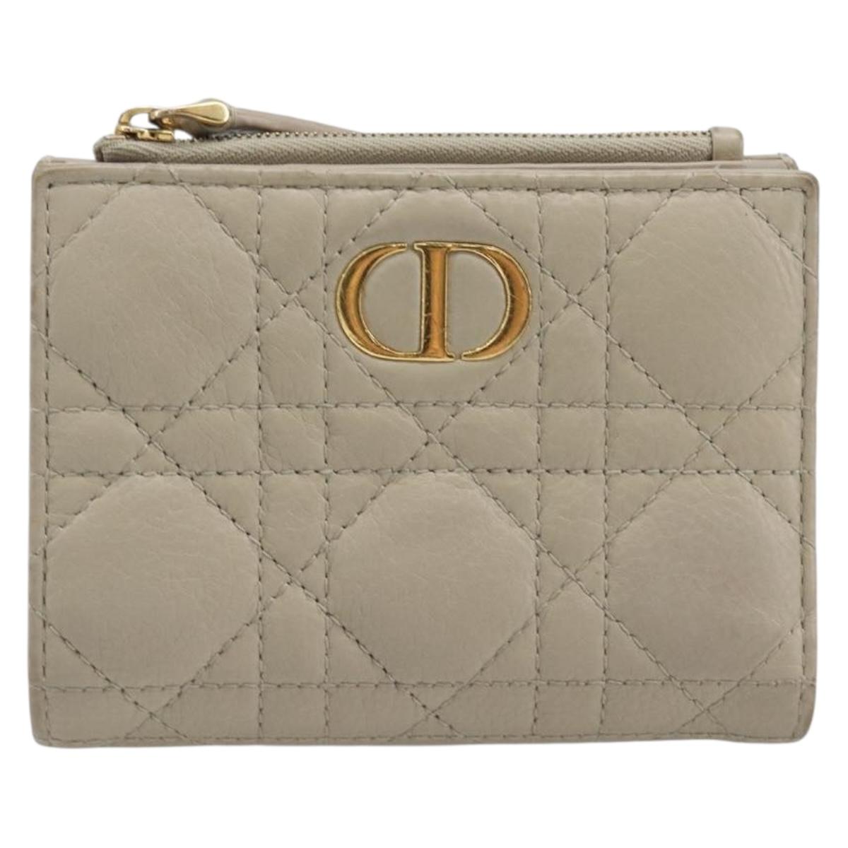 Christian Dior Cannage Caro Dahlia Wallet Lamb Skin Beige Gold Auth 200738A