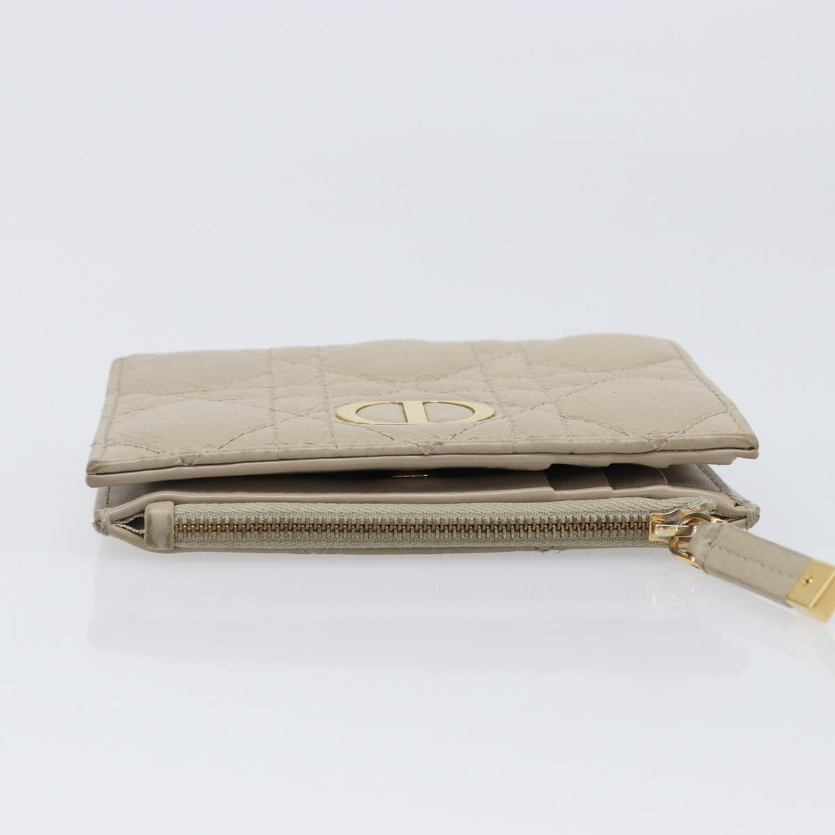 Christian Dior Cannage Caro Dahlia Wallet Lamb Skin Beige Gold Auth 200738A