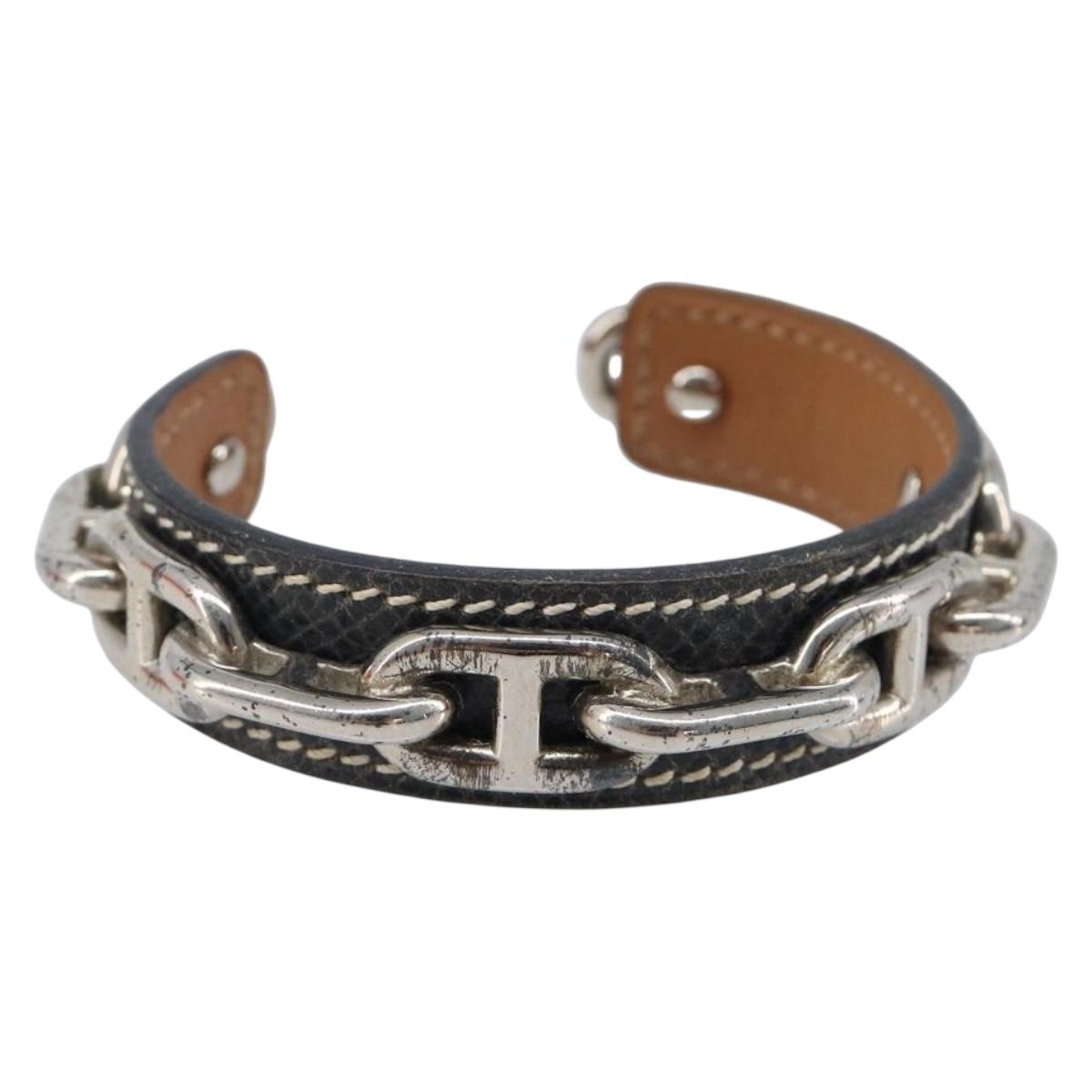 HERMES Bangle Chaine d'Ancre Bracelet Metal Leather Silver Black Auth 200739V
