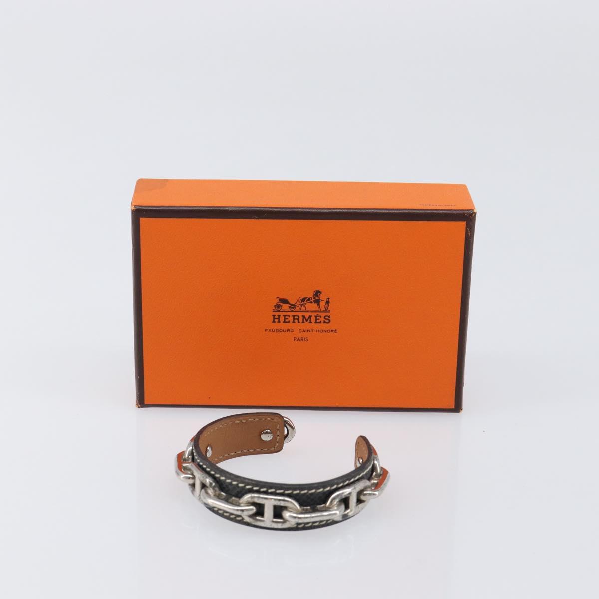 HERMES Bangle Chaine d'Ancre Bracelet Metal Leather Silver Black Auth 200739V