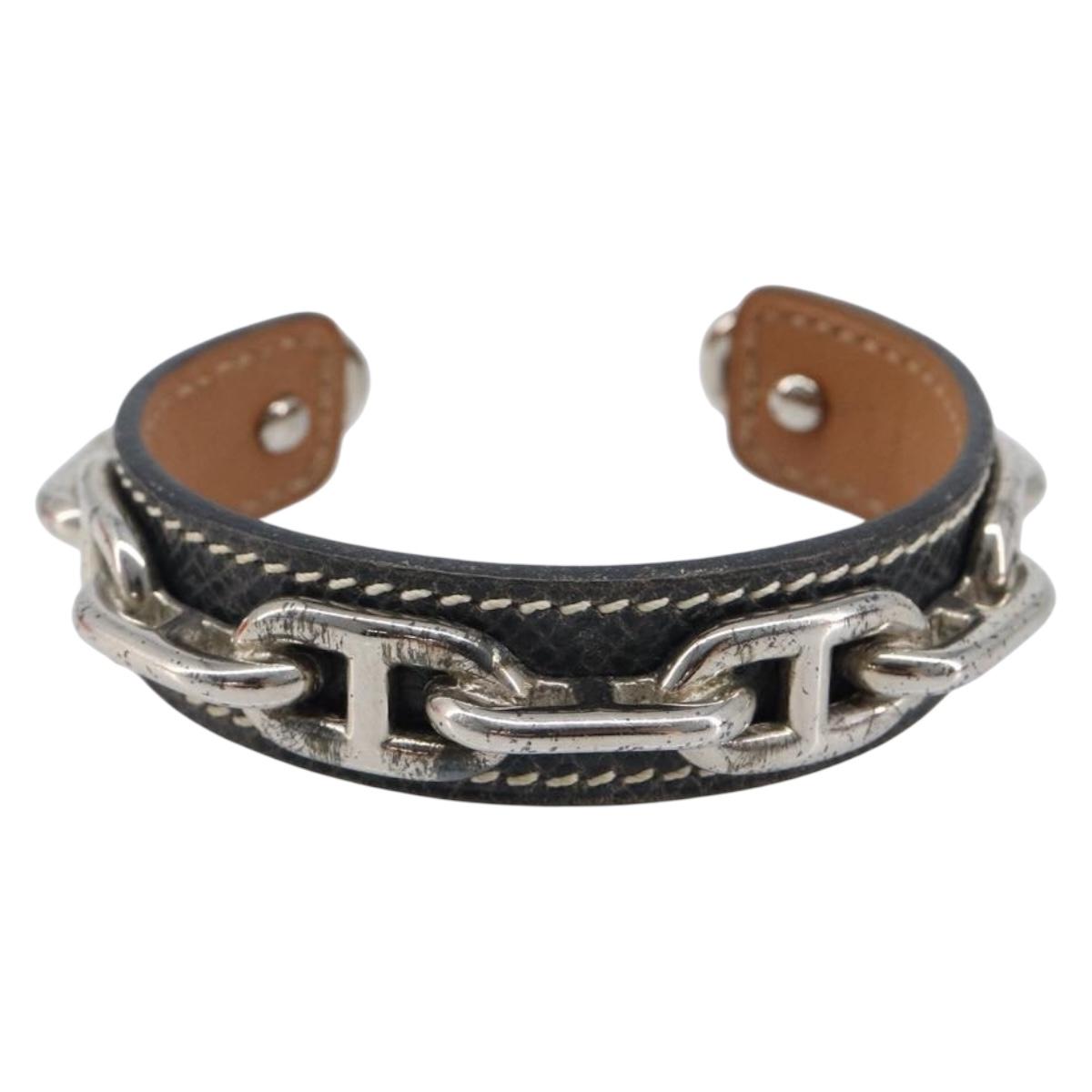 HERMES Bangle Chaine d'Ancre Bracelet Metal Leather Silver Black Auth 200739V