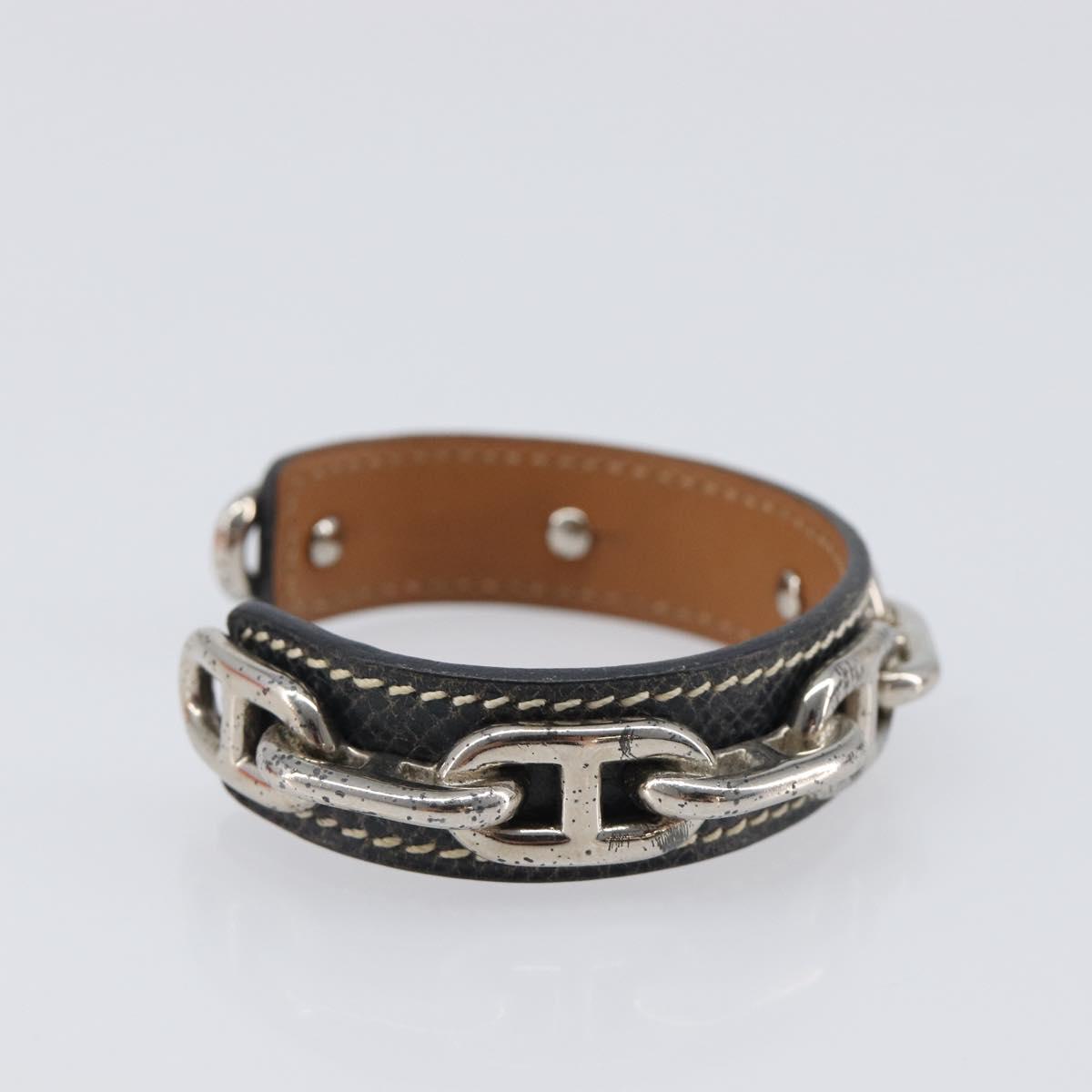 HERMES Bangle Chaine d'Ancre Bracelet Metal Leather Silver Black Auth 200739V
