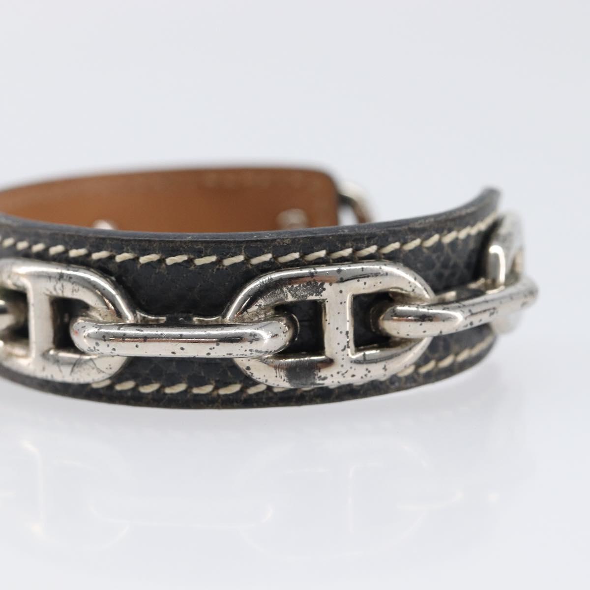 HERMES Bangle Chaine d'Ancre Bracelet Metal Leather Silver Black Auth 200739V