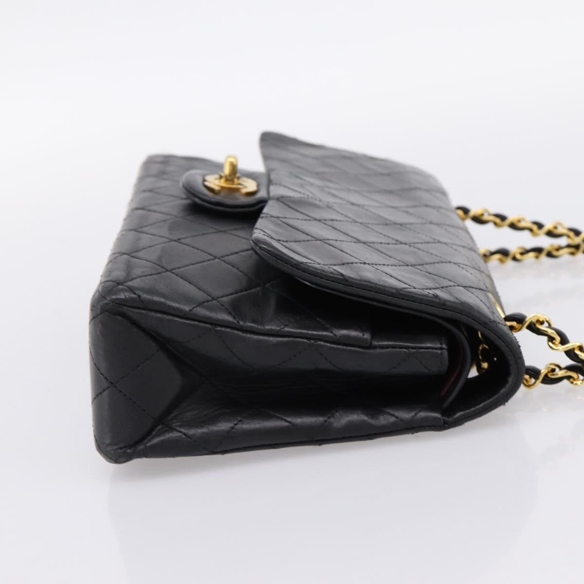 CHANEL Matelasse 25 Chain Shoulder Bag Lamb Skin Black Gold CC Auth 200746V