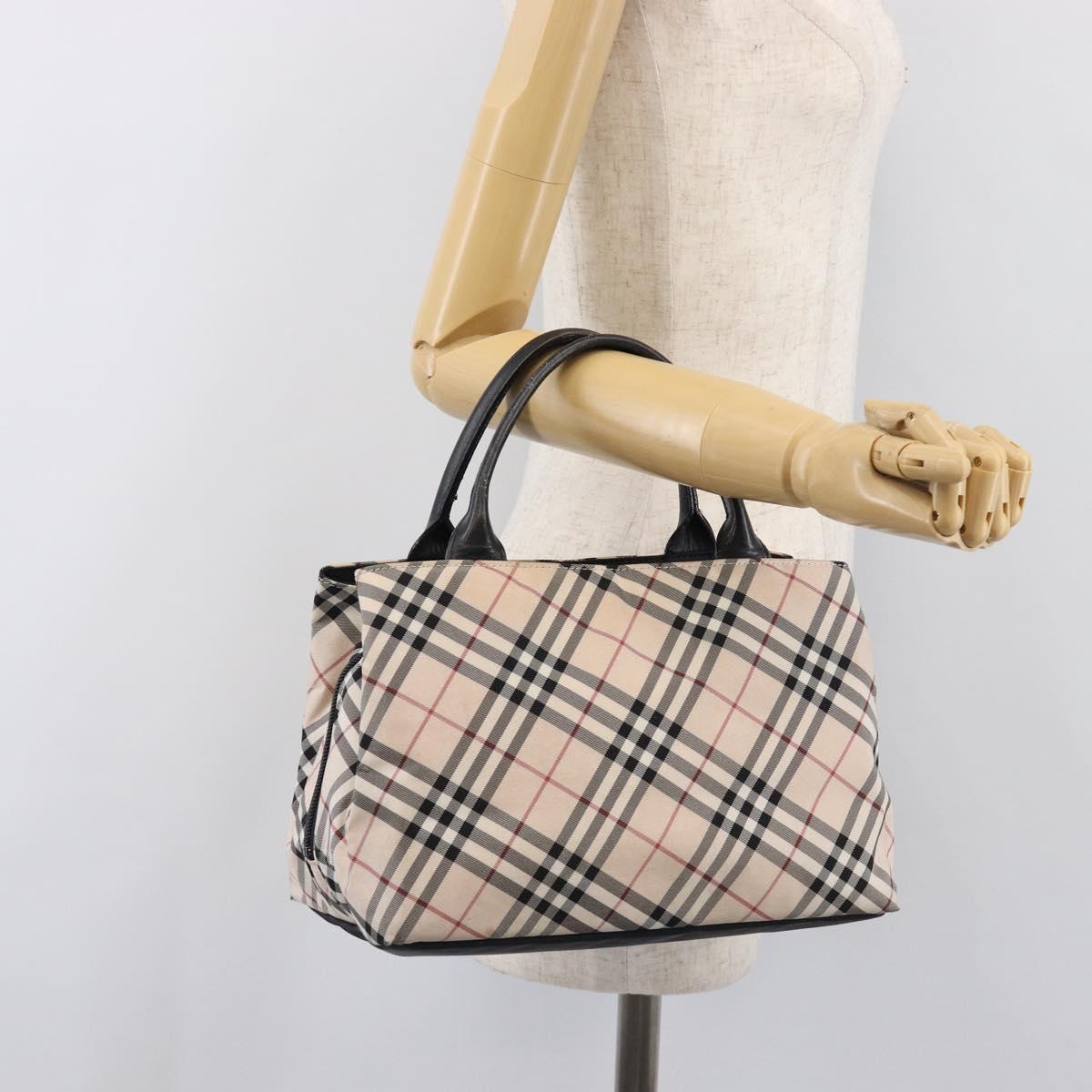 BURBERRY Nova Check Blue Label Hand Bag Canvas Beige Silver Auth 200747A