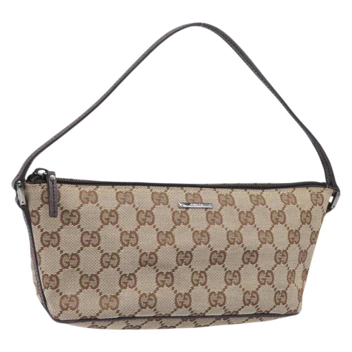 GUCCI GG Canvas Accessory Pouch Beige Silver 07198 Auth 200750V