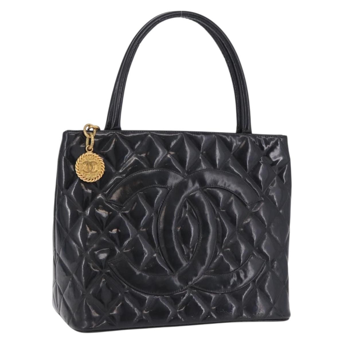 CHANEL Matelasse Reprint Tote Bag Patent Leather Black Gold CC Auth 200752
