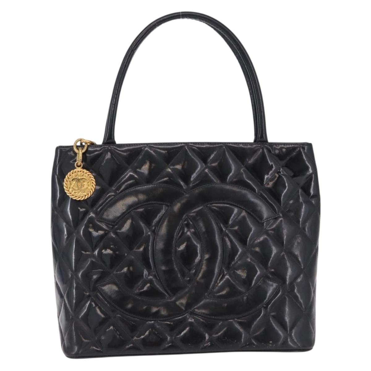 CHANEL Matelasse Reprint Tote Bag Patent Leather Black Gold CC Auth 200752