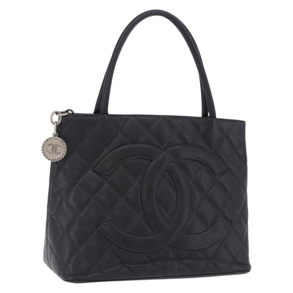 CHANEL Matelasse Reprint Tote Bag Caviar Skin Black Silver CC Auth 200753V