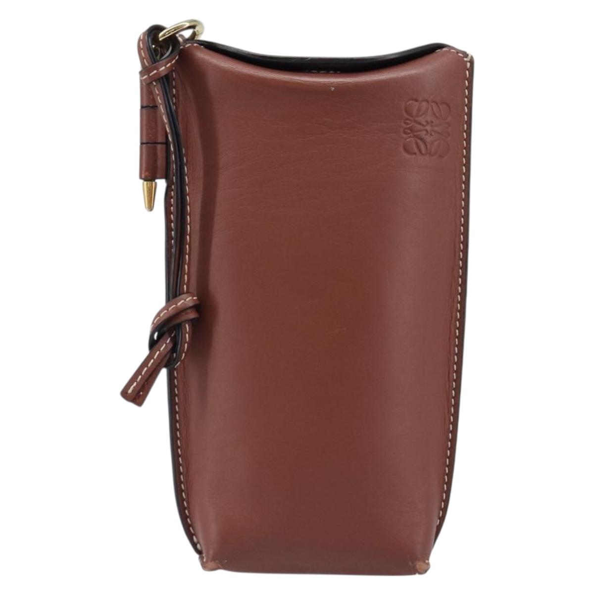 LOEWE Phone Pouch Leather Brown Gold Auth 200754