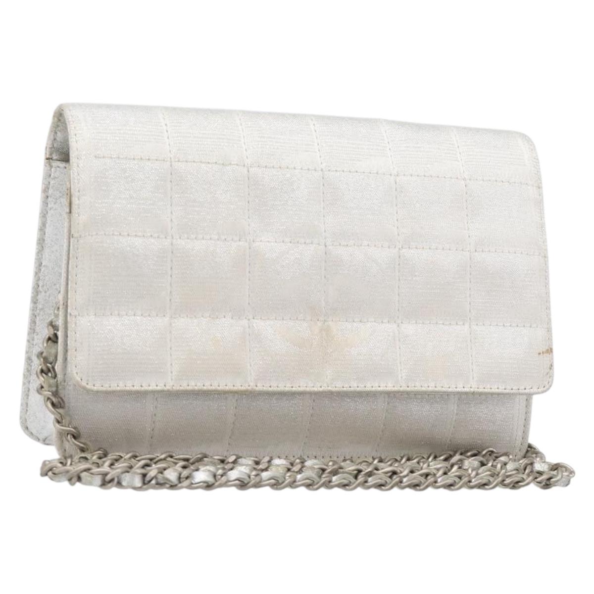 CHANEL New Travel Line Chain Shoulder Bag Canvas Silver CC Auth 200755