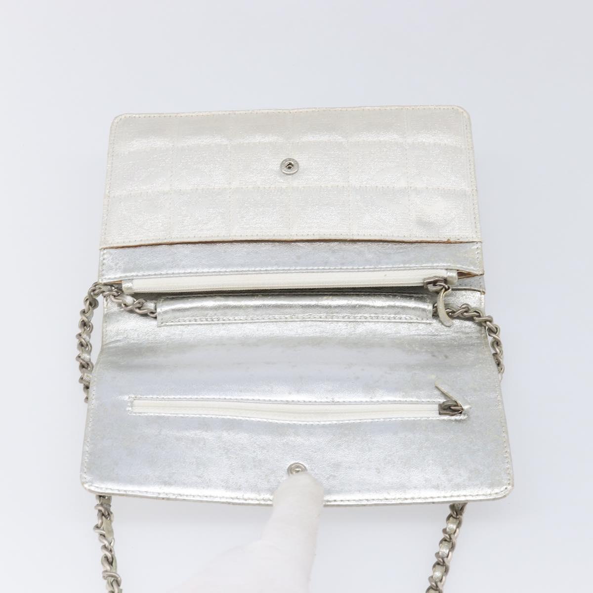 CHANEL New Travel Line Chain Shoulder Bag Canvas Silver CC Auth 200755
