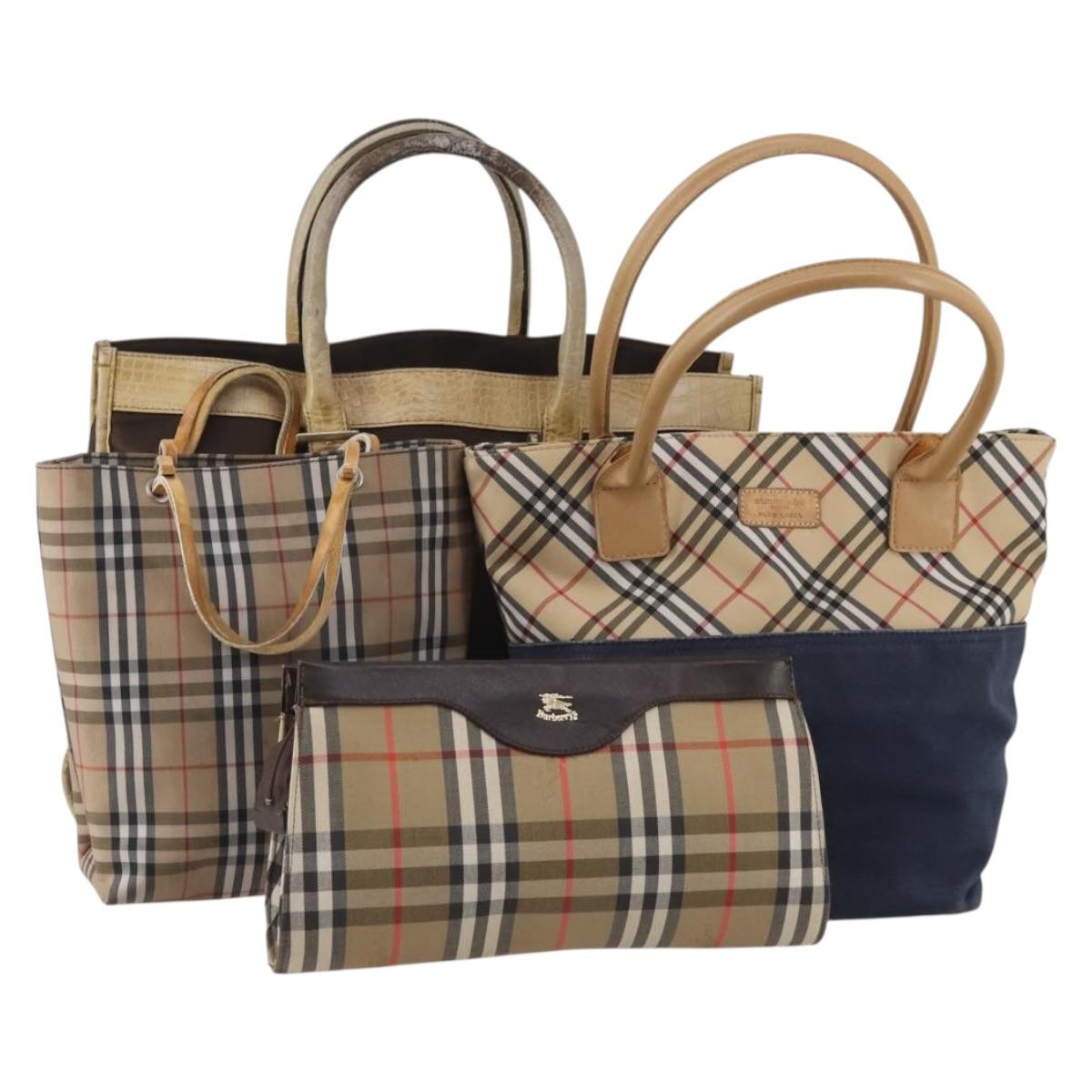 BURBERRY Nova Check Hand Bag Canvas nylon 4 Set Beige Brown Auth 200759