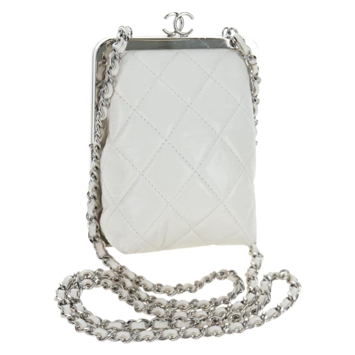CHANEL Matelasse Chain Shoulder Bag Lamb Skin White Silver CC Auth 200768M