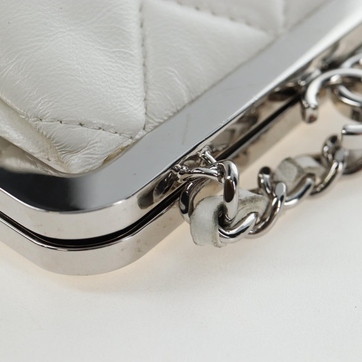 CHANEL Matelasse Chain Shoulder Bag Lamb Skin White Silver CC Auth 200768M