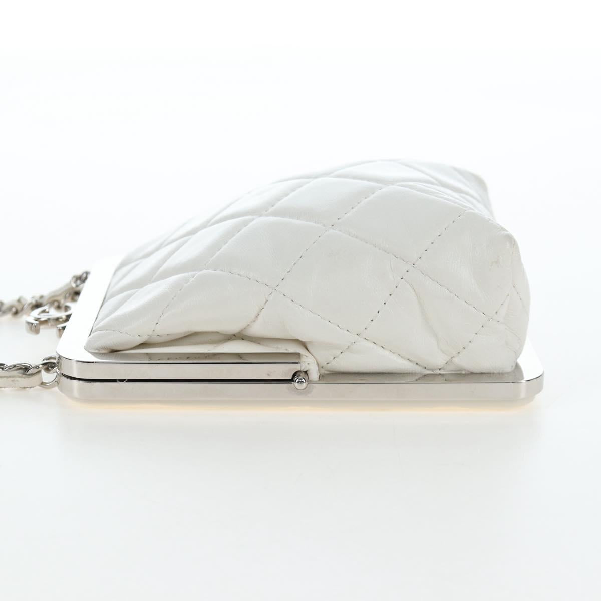 CHANEL Matelasse Chain Shoulder Bag Lamb Skin White Silver CC Auth 200768M