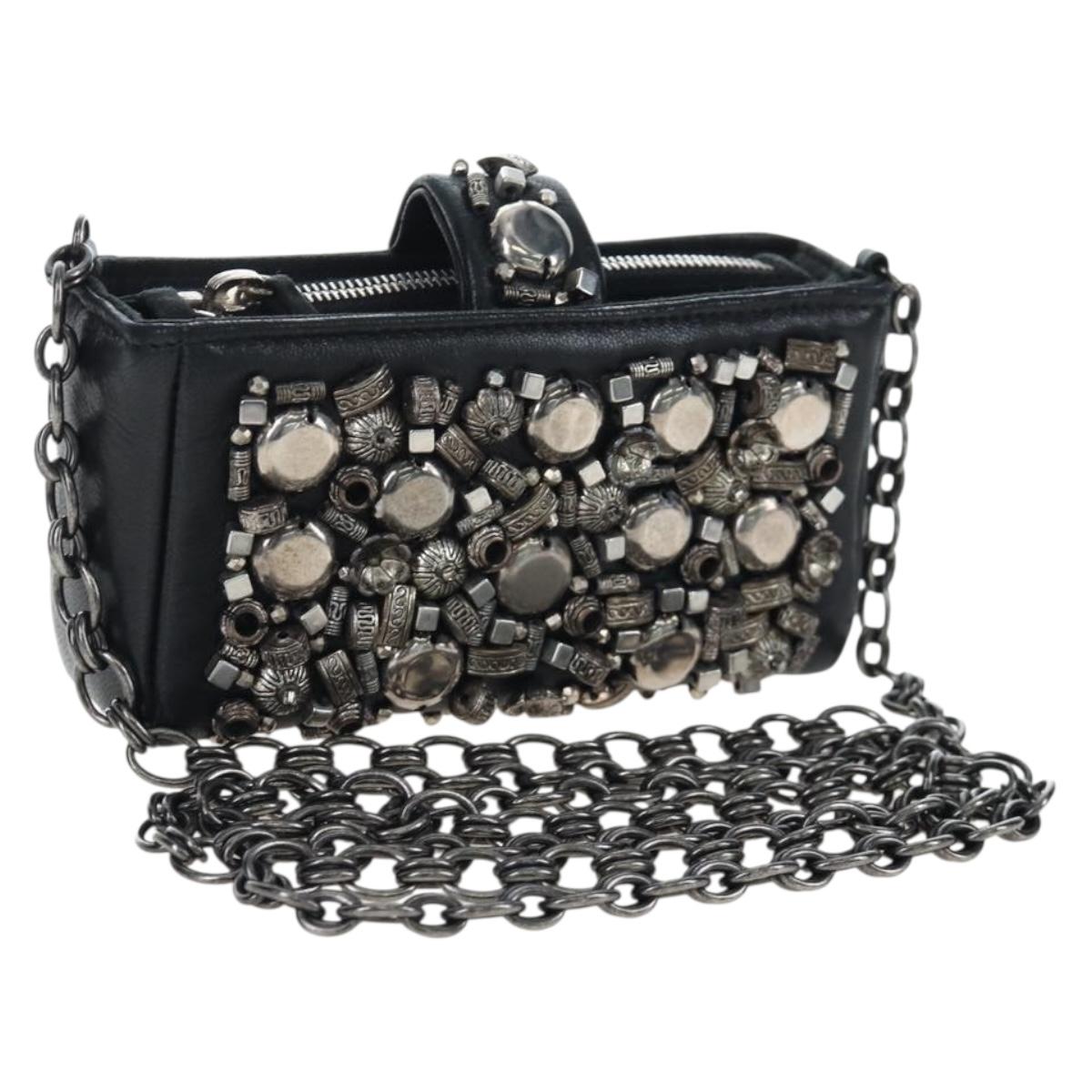 CHANEL Chain Shoulder Pouch Lamb Skin Black Silver CC Auth 200770SAM