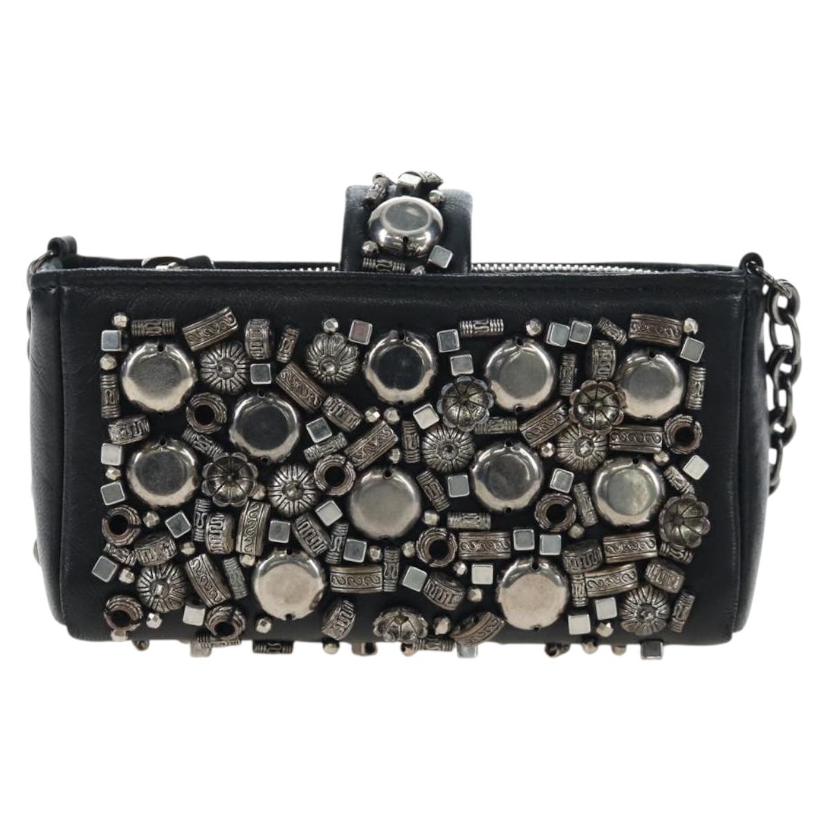 CHANEL Chain Shoulder Pouch Lamb Skin Black Silver CC Auth 200770SAM