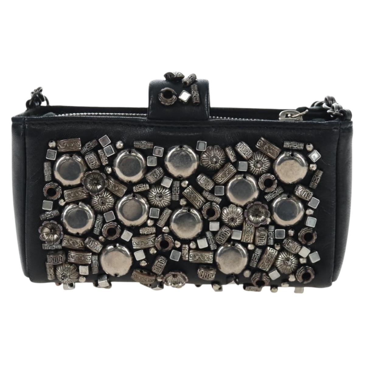 CHANEL Chain Shoulder Pouch Lamb Skin Black Silver CC Auth 200770SAM