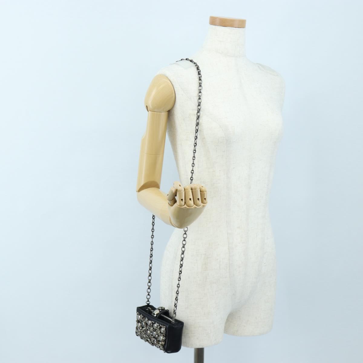 CHANEL Chain Shoulder Pouch Lamb Skin Black Silver CC Auth 200770SAM