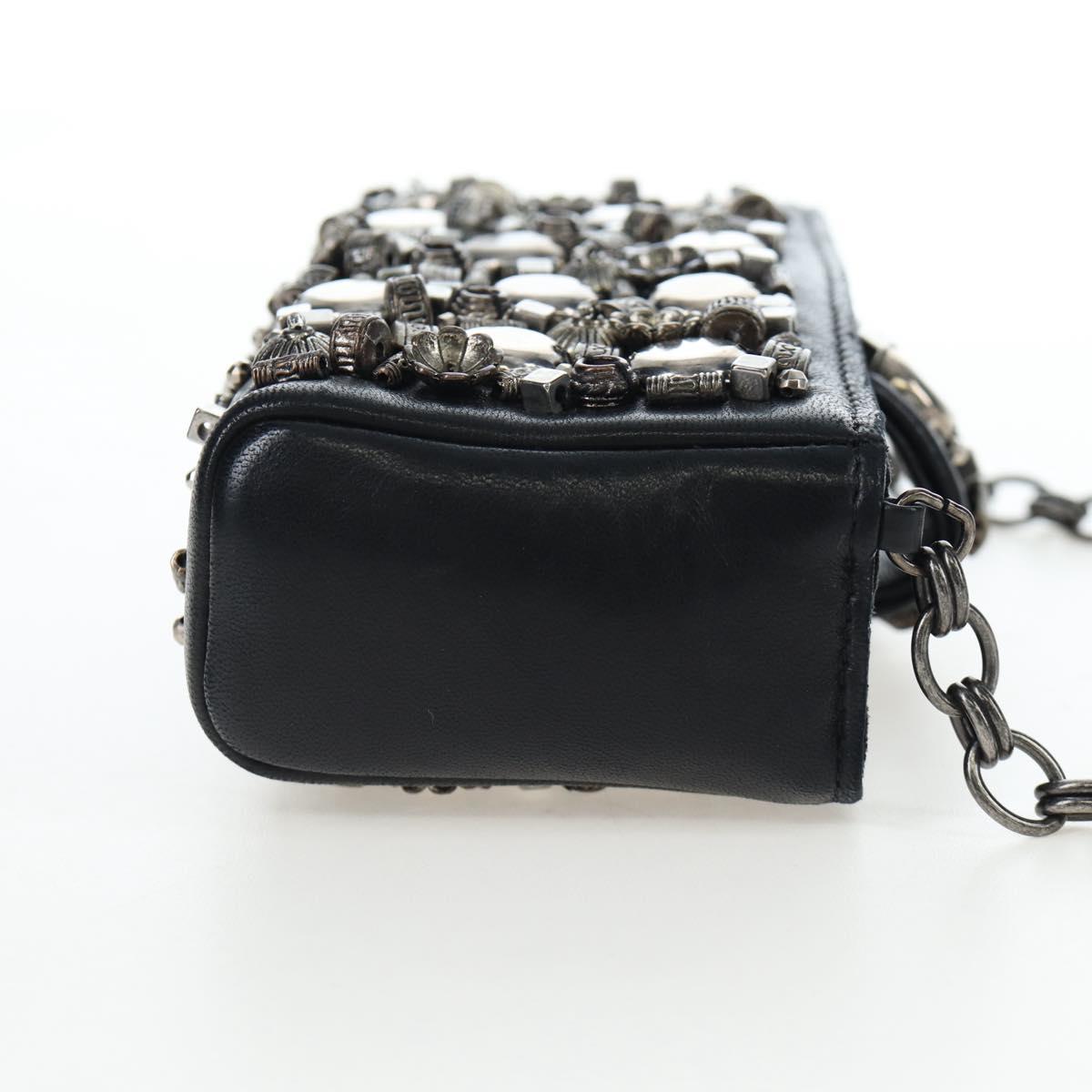 CHANEL Chain Shoulder Pouch Lamb Skin Black Silver CC Auth 200770SAM