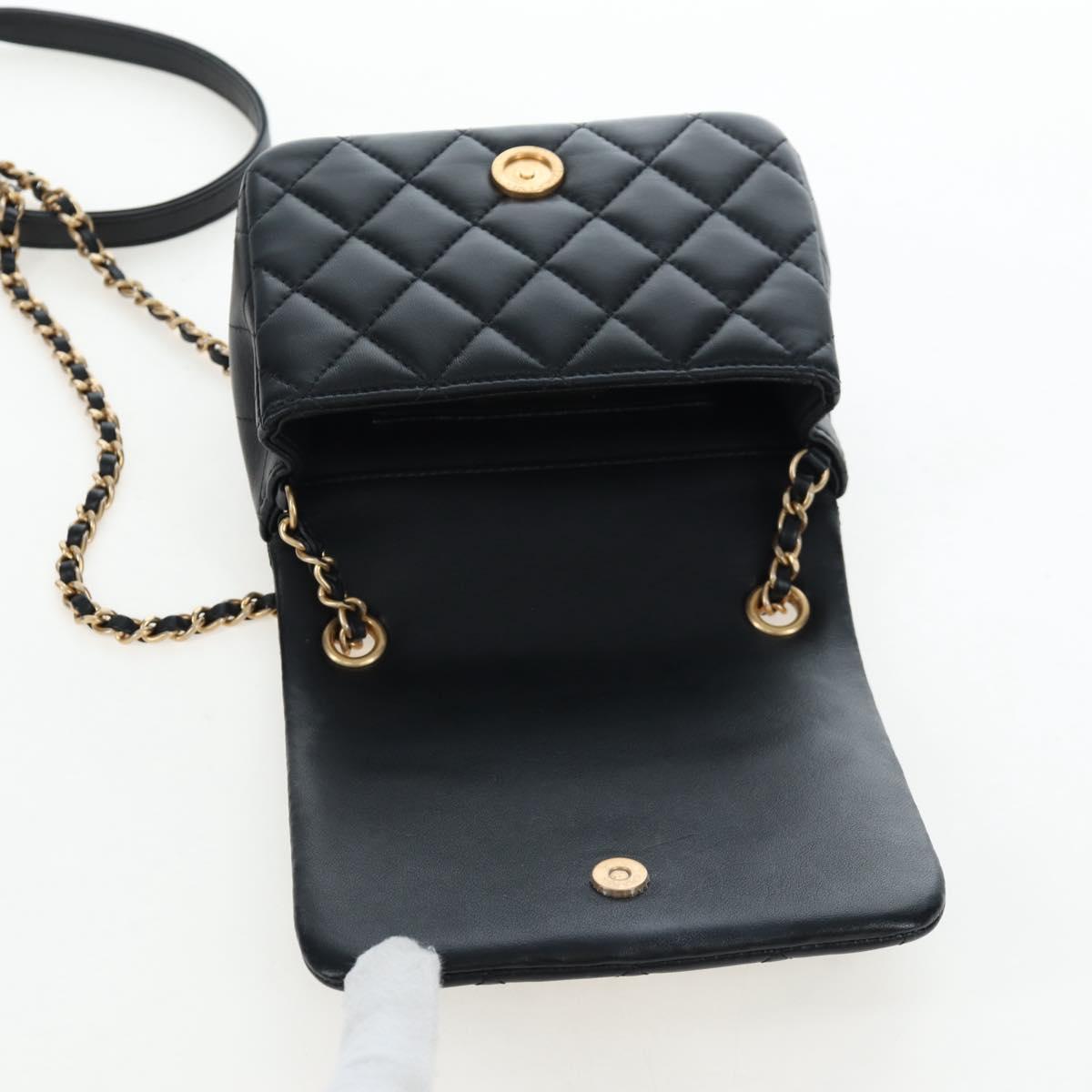 CHANEL Matelasse Chain Shoulder Bag Lamb Skin Black Gold CC Auth 200775SM