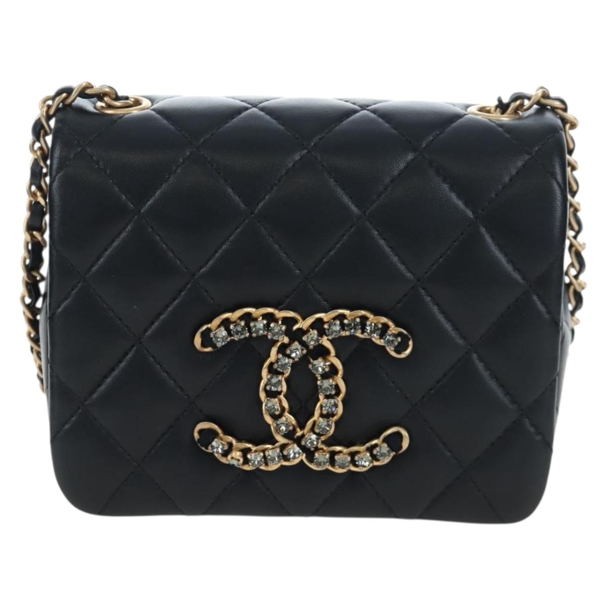 CHANEL Matelasse Chain Shoulder Bag Lamb Skin Black Gold CC Auth 200775SM