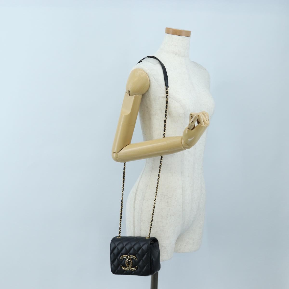CHANEL Matelasse Chain Shoulder Bag Lamb Skin Black Gold CC Auth 200775SM