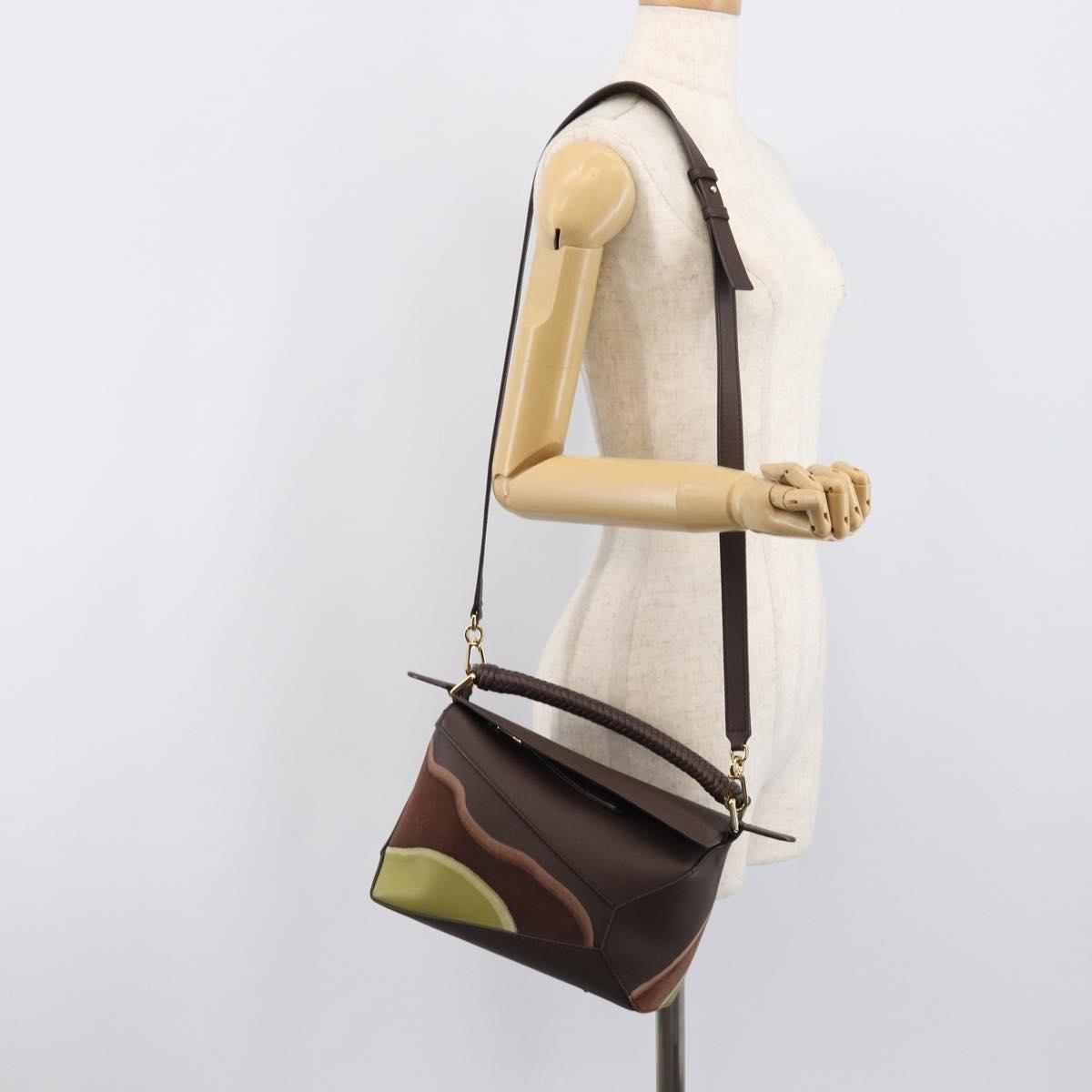 LOEWE Puzzle Bag Small Leather 2way Brown Gold Auth 200778SAM