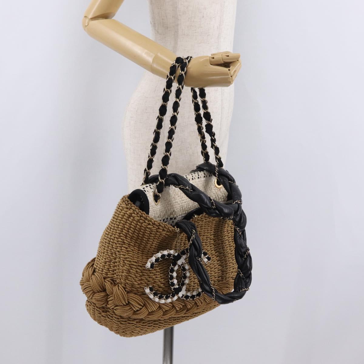 CHANEL Chain Shoulder Bag Raffia 2way Beige Gold CC Auth 200780SAM