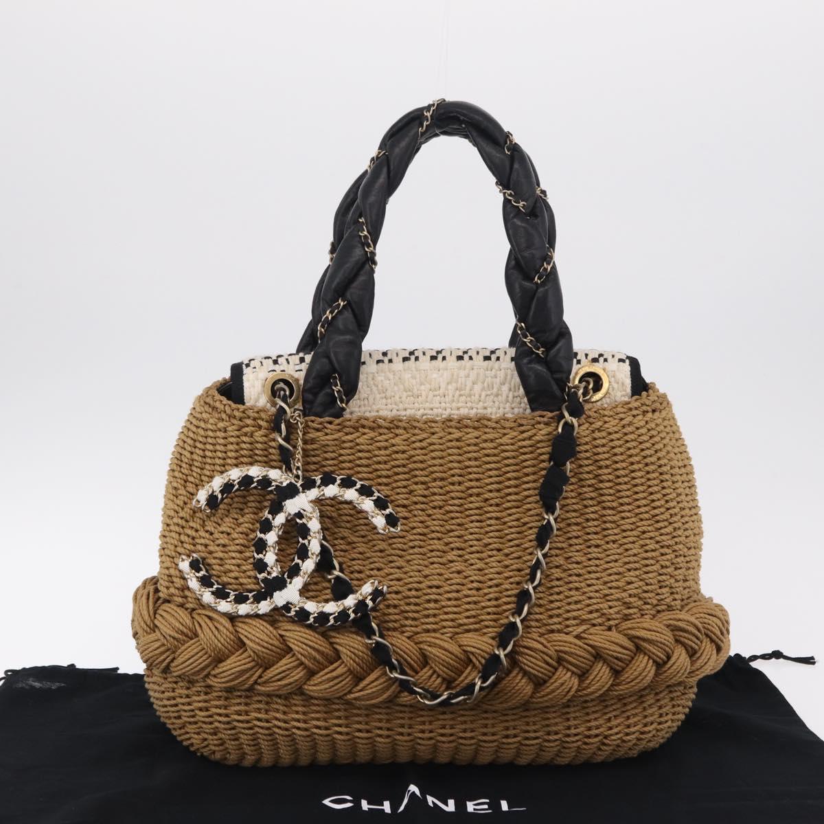 CHANEL Chain Shoulder Bag Raffia 2way Beige Gold CC Auth 200780SAM