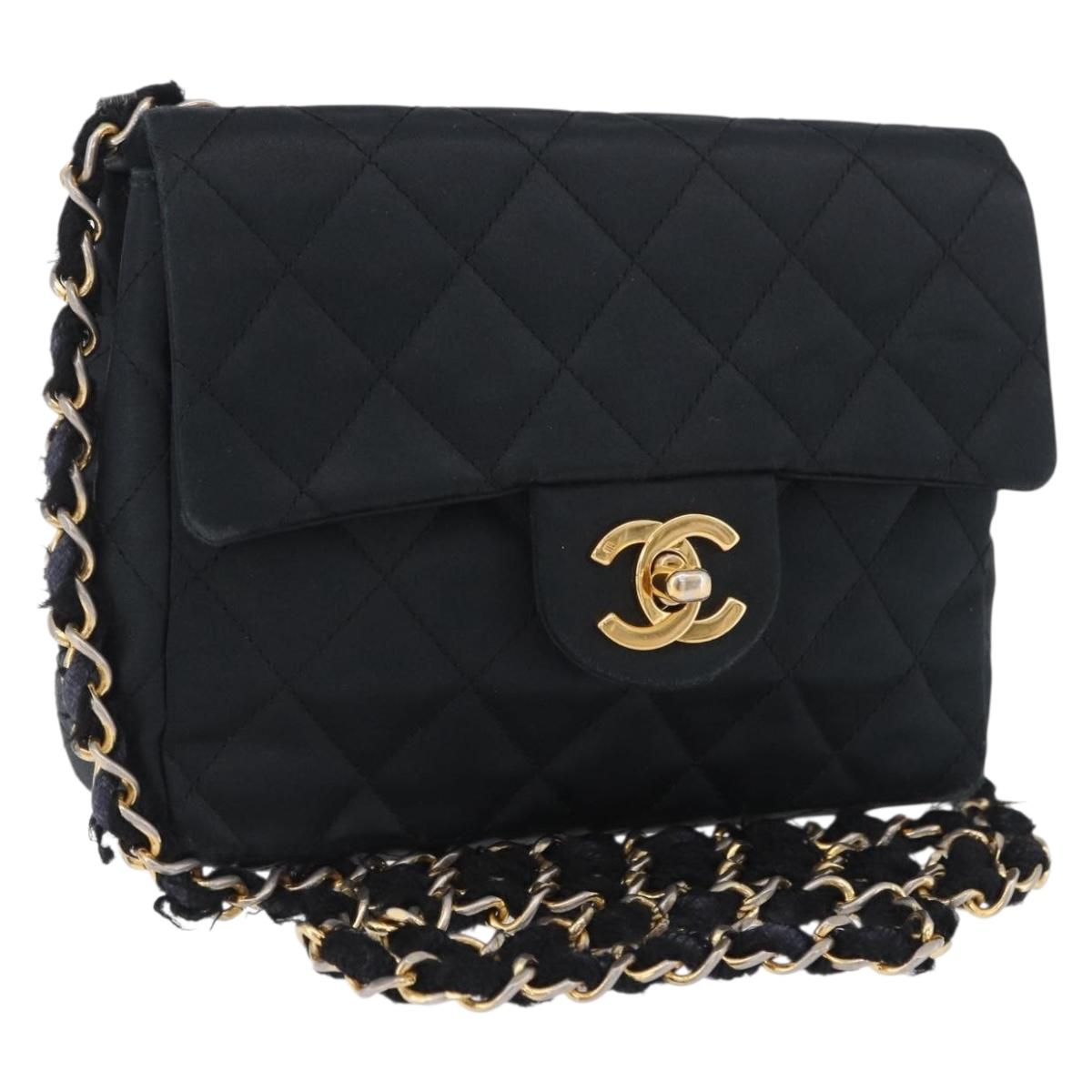 CHANEL Mini Matelasse 17 Chain Shoulder Bag Satin Black Gold CC Auth 200781A