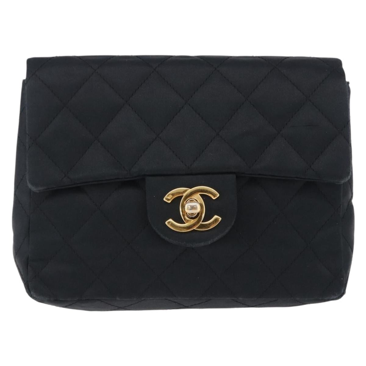 CHANEL Mini Matelasse 17 Chain Shoulder Bag Satin Black Gold CC Auth 200781A