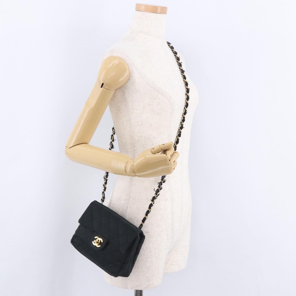 CHANEL Mini Matelasse 17 Chain Shoulder Bag Satin Black Gold CC Auth 200781A