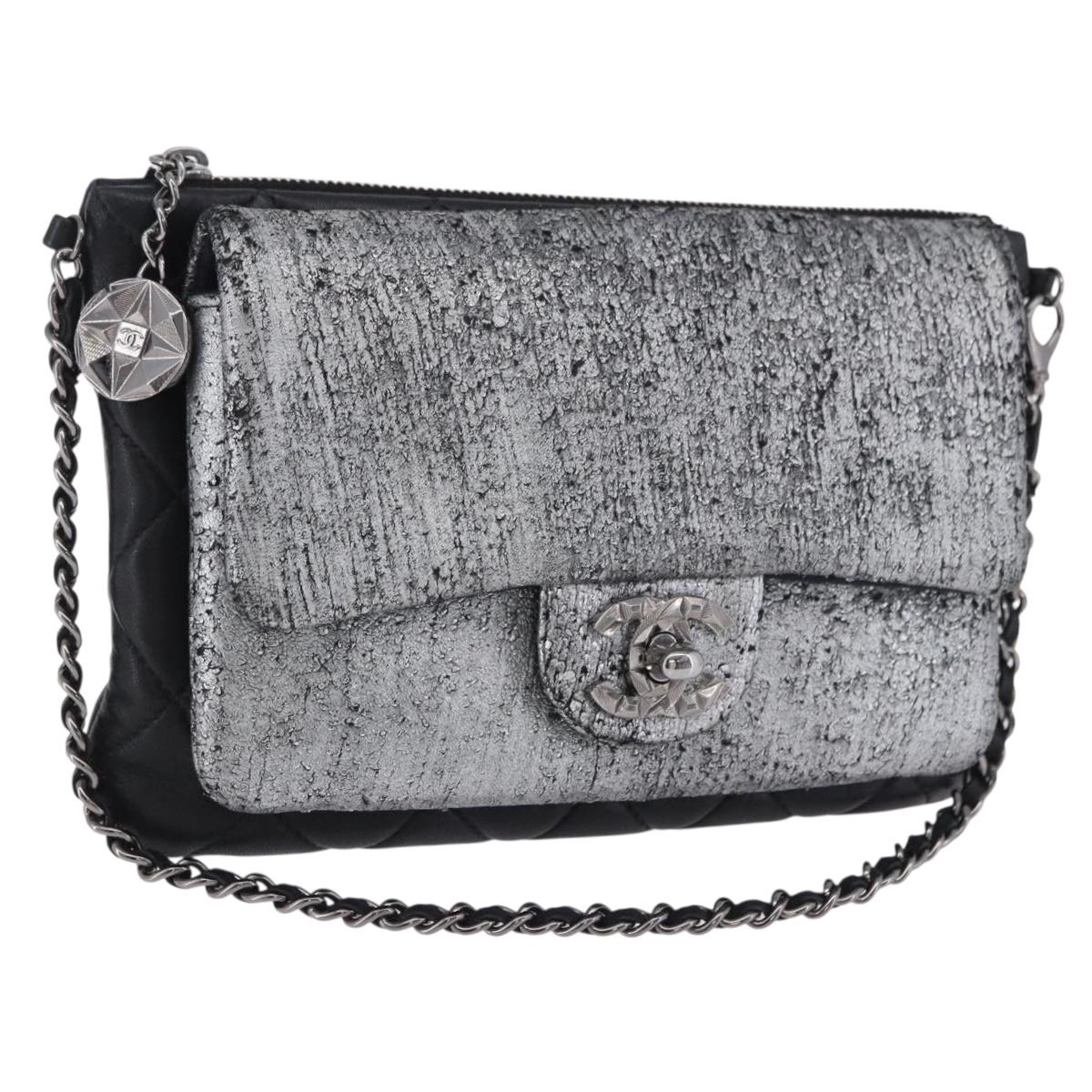 CHANEL Matelasse Chain Shoulder Bag Lamb Skin Black Silver CC Auth 200782V