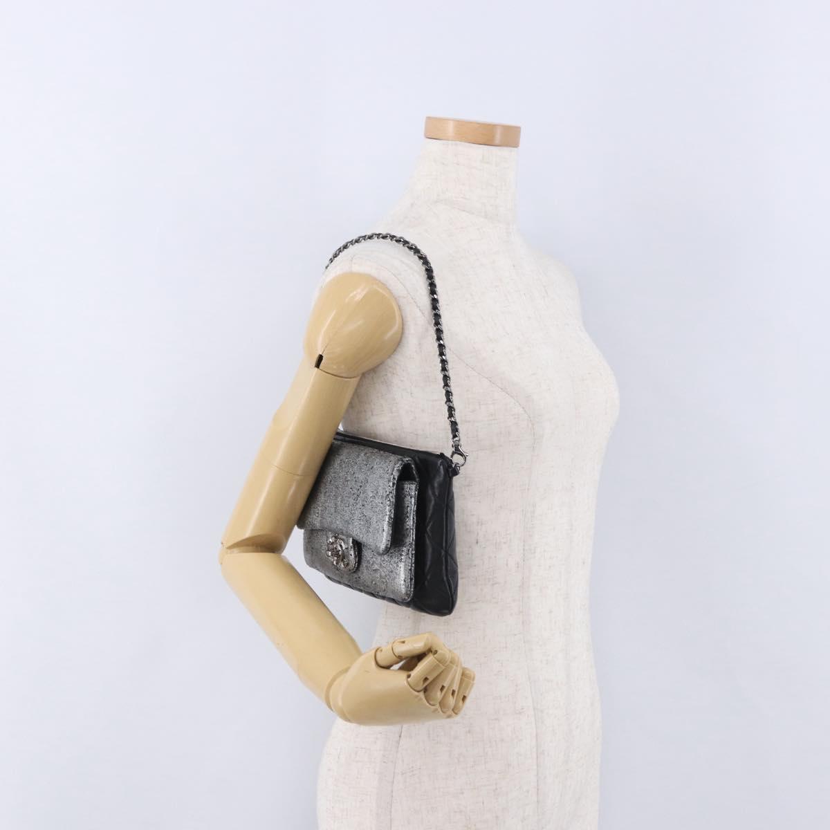 CHANEL Matelasse Chain Shoulder Bag Lamb Skin Black Silver CC Auth 200782V
