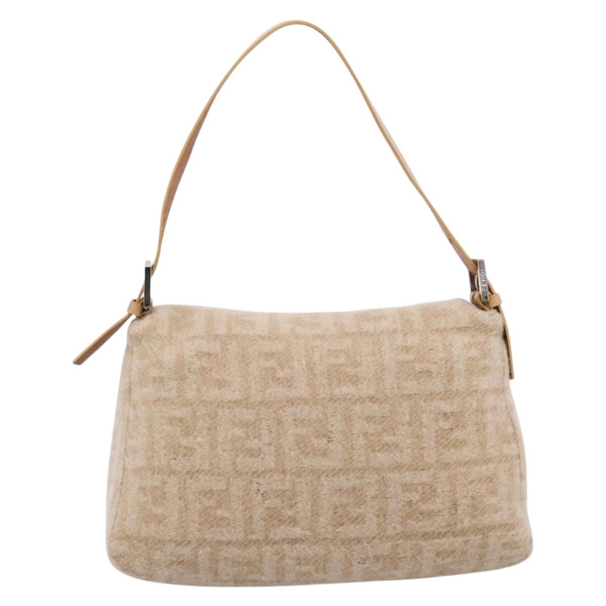 FENDI Mamma Baguette Shoulder Bag Wool Beige Silver Auth 200802V