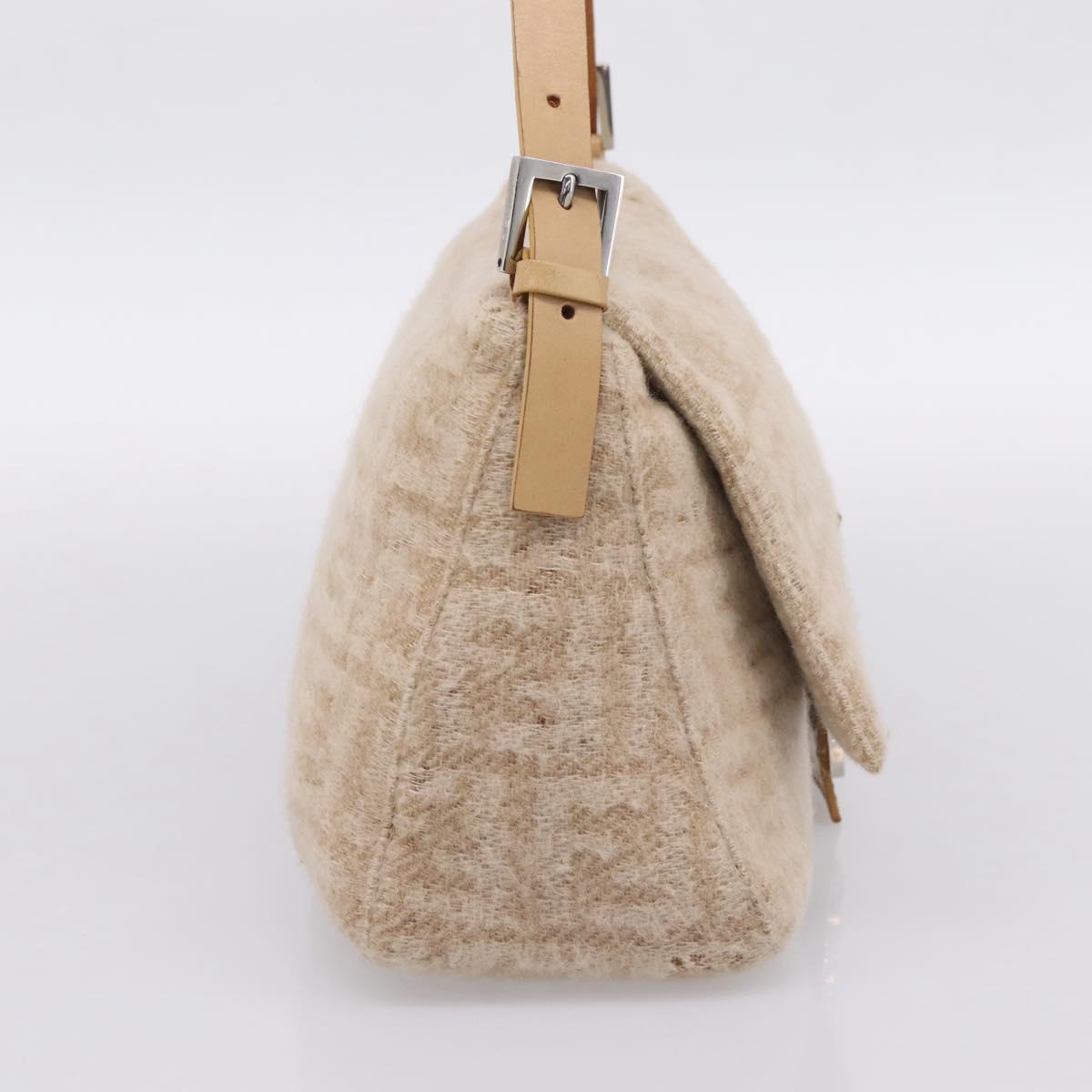 FENDI Mamma Baguette Shoulder Bag Wool Beige Silver Auth 200802V