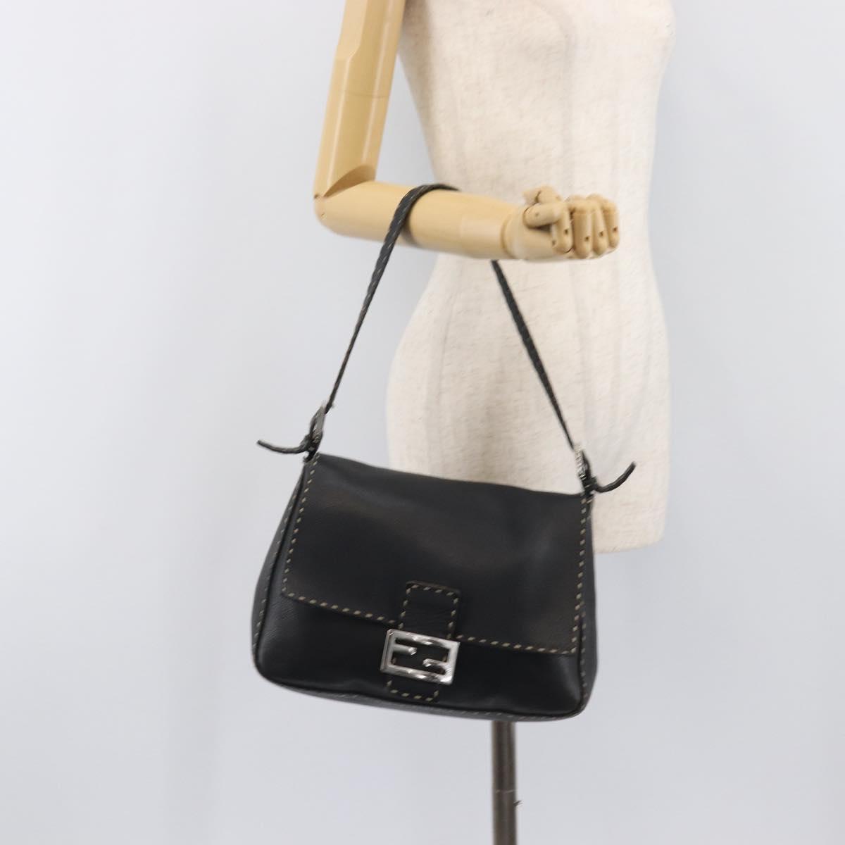 FENDI Selleria Mamma Baguette Shoulder Bag Leather Black Silver Auth 200803A