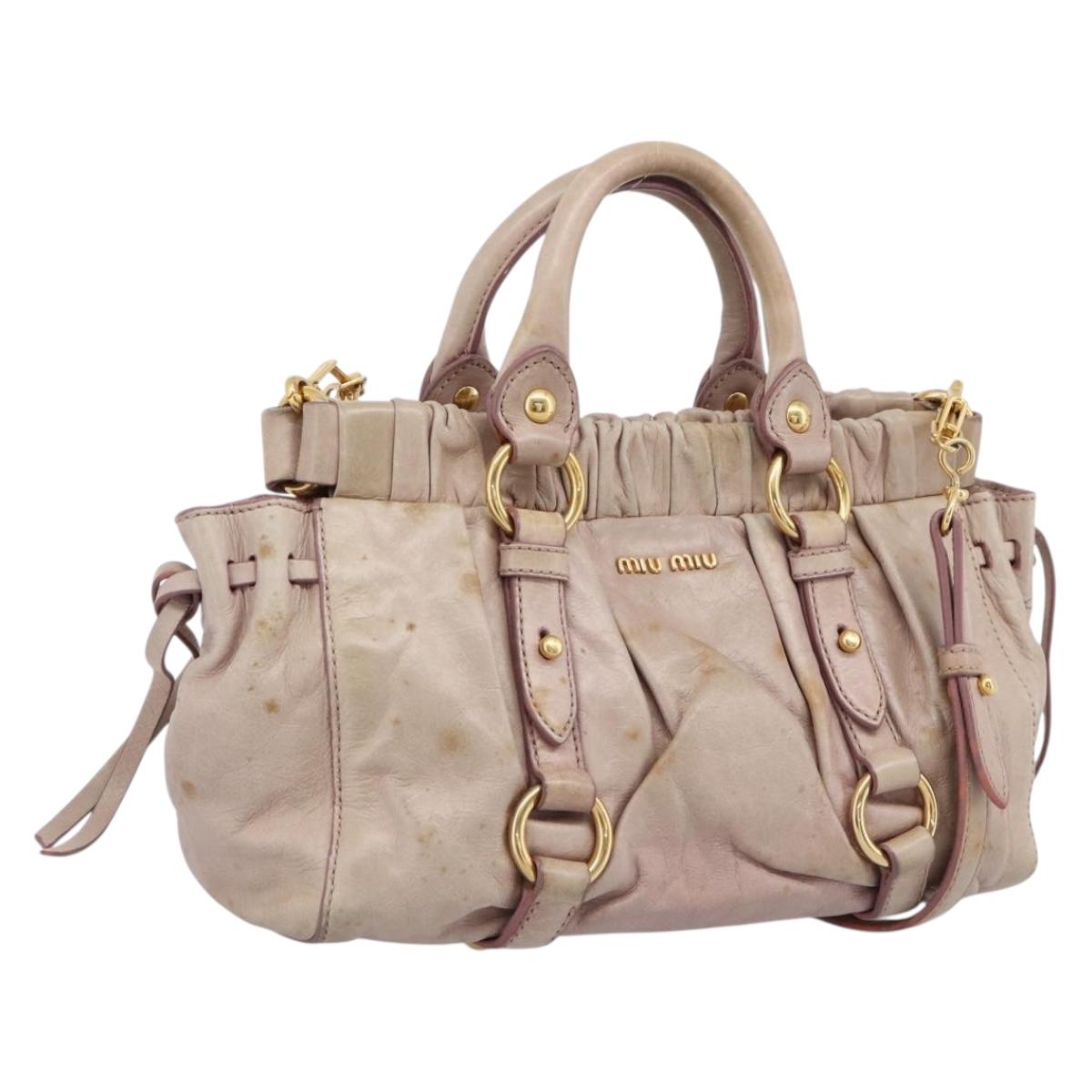 Miu Miu Vitellolux Hand Bag Leather 2way Beige Gold Tone Auth 200811